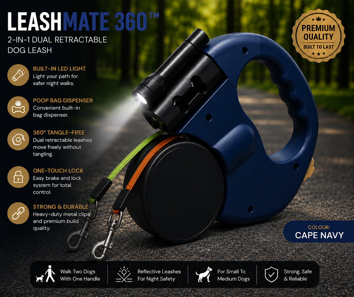 LeashMate 360™
2-in-1 Dual Retractable Dog Leash